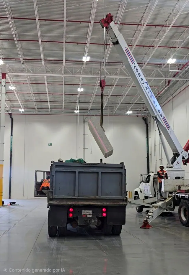 Crane lifting a cut slab section into a dump truck